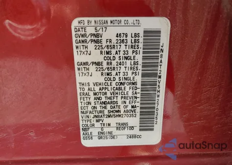 2017 Nissan Rogue S из США, поврежденный, VIN JN8AT2MV5HW270352